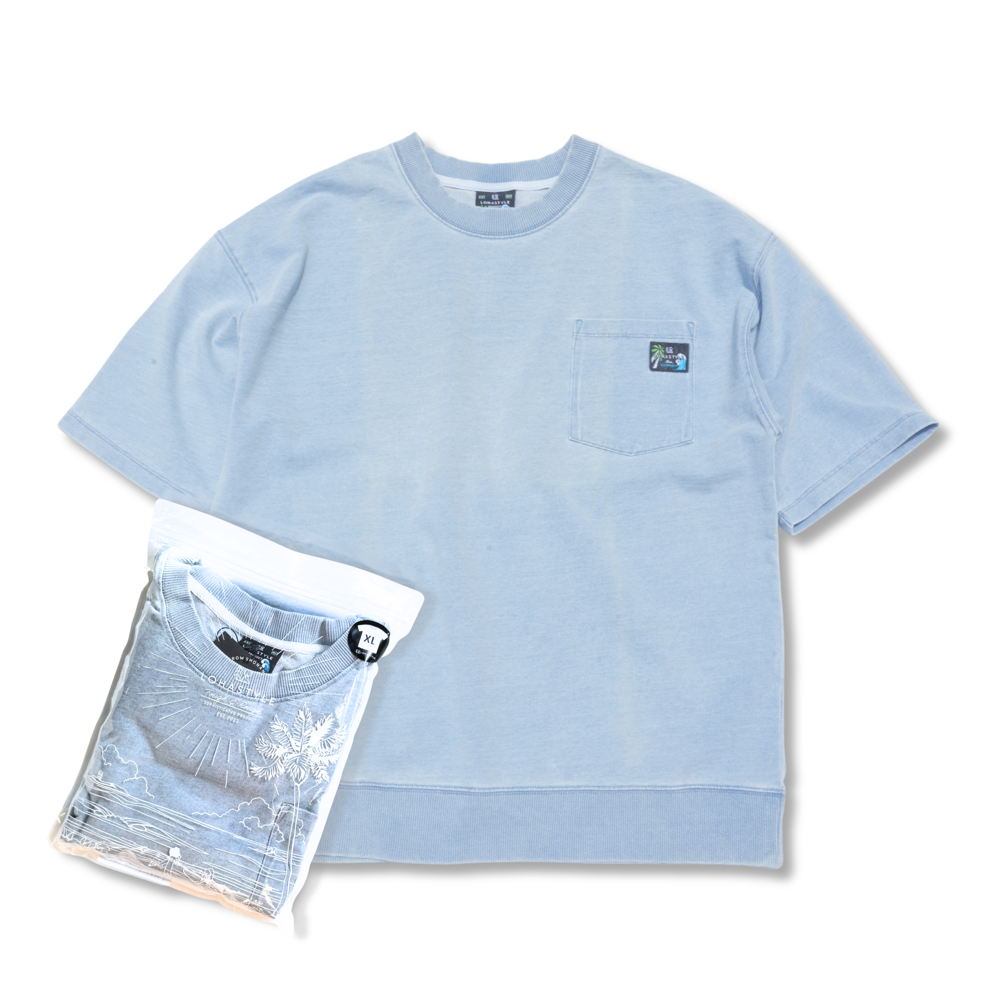 DENIM PAC-T ビッグシルエット 胸ポケ ５分袖（アイスブルー）