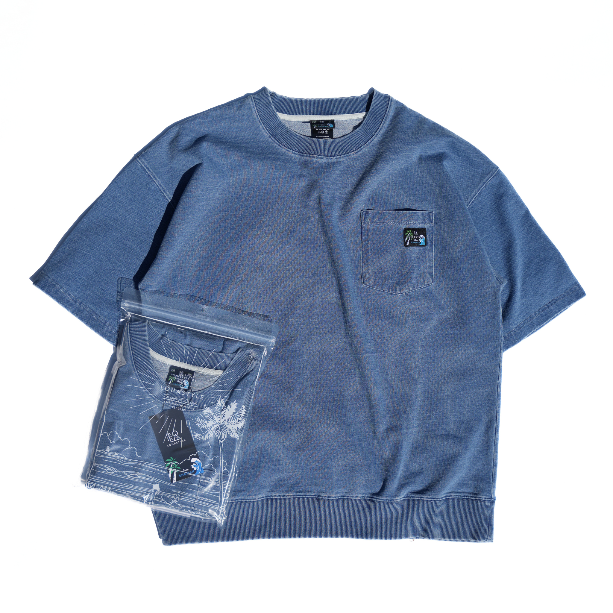 DENIM PAC-T ビッグシルエット 胸ポケ ５分袖（ブルー）